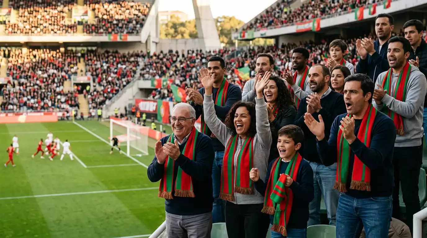 Estádio de futebol em Portugal com adeptos e ambiente de jogo
