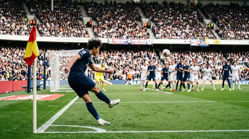 Jogador de futebol a marcar um canto durante um jogo