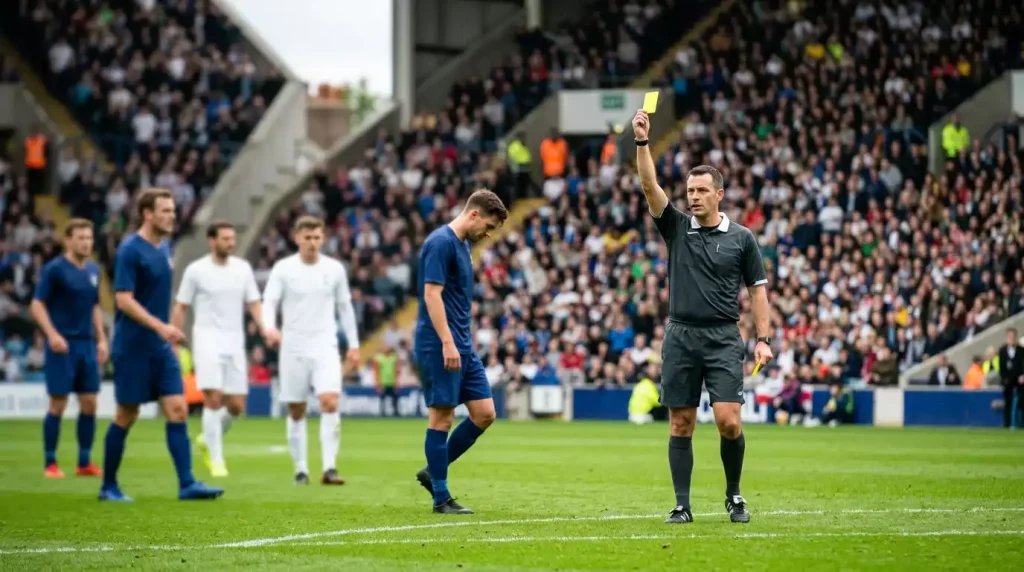Árbitro de futebol mostrando cartão amarelo durante um jogo