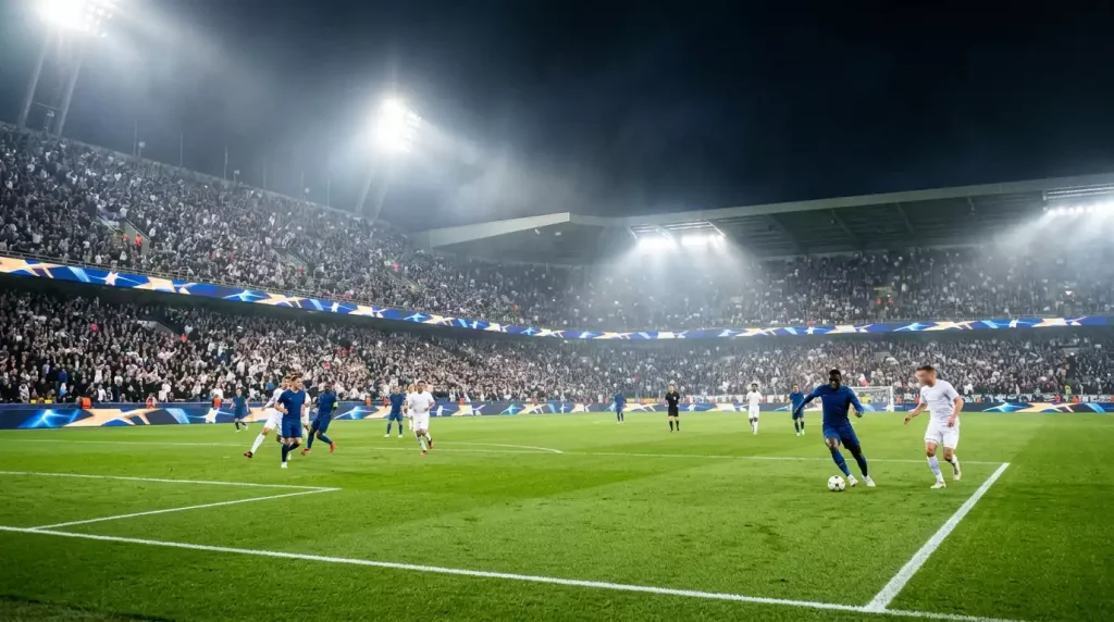 Estádio iluminado durante uma noite de Liga dos Campeões