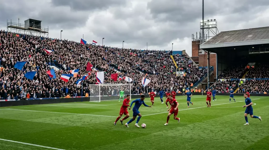 Estádio inglês durante um jogo da Premier League