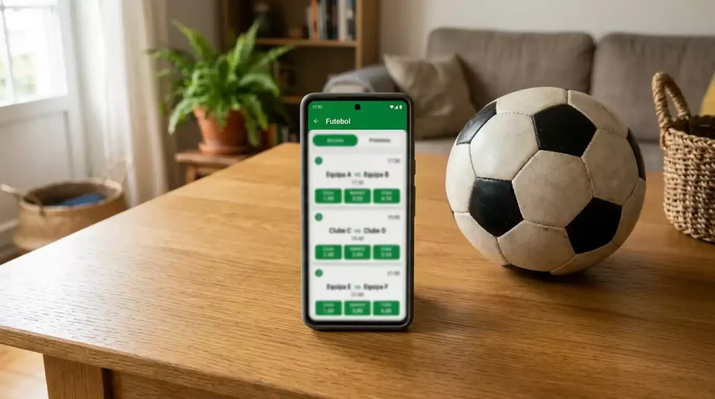 Smartphone com aplicação de apostas de futebol aberta