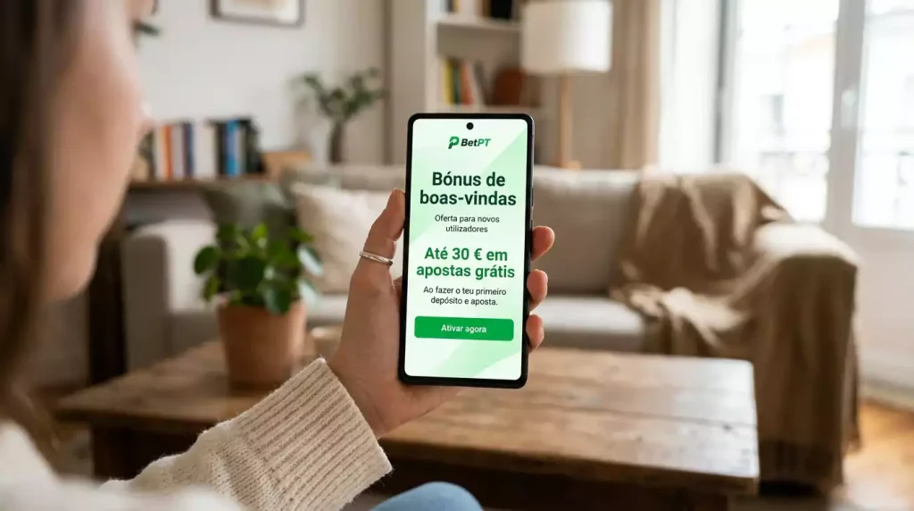 Smartphone mostrando oferta de bónus de boas-vindas numa casa de apostas