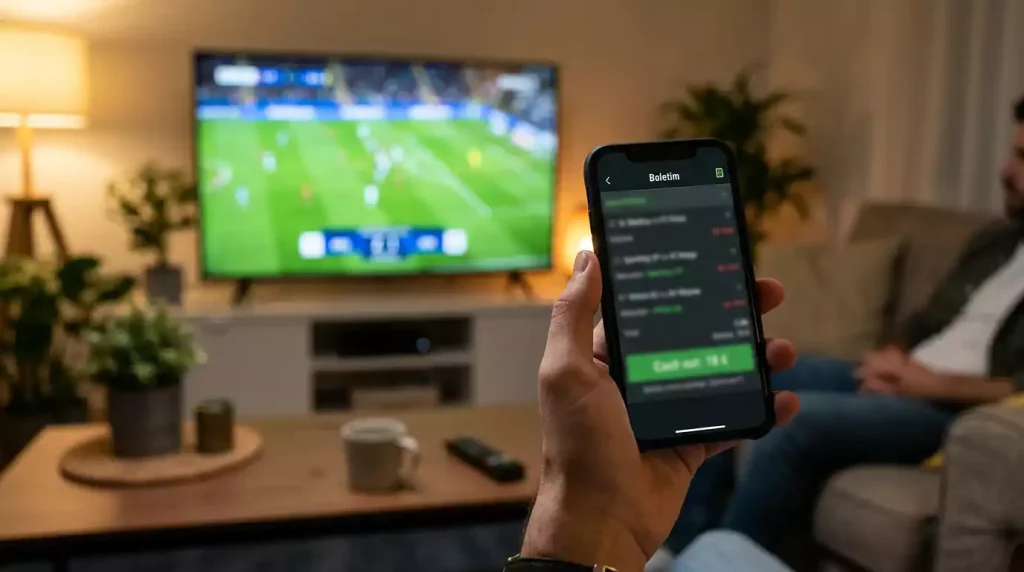 Smartphone mostrando opção de cash out numa aposta de futebol