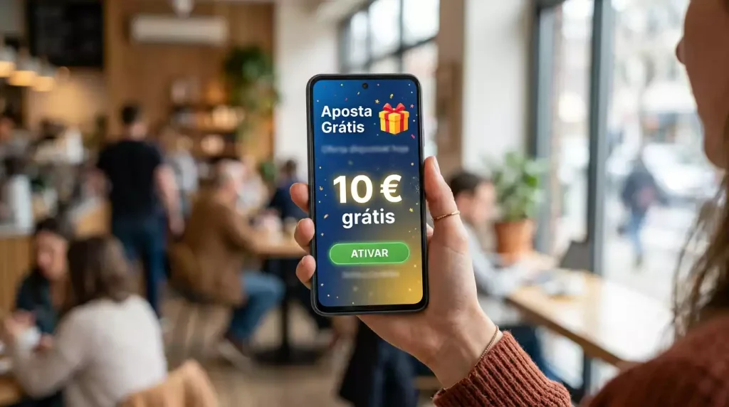 Smartphone mostrando oferta de freebet numa casa de apostas