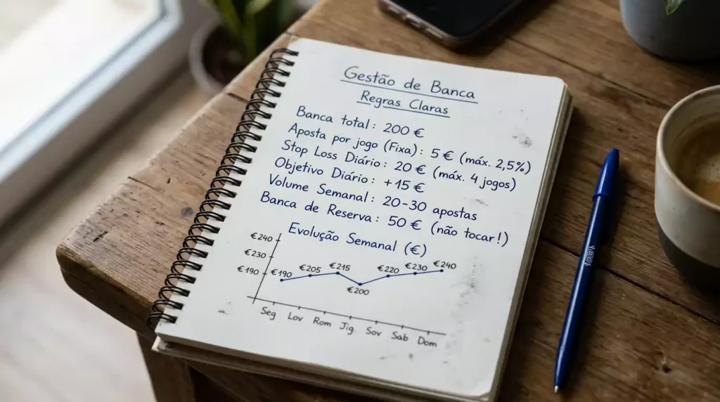 Caderno com planeamento de banca para apostas desportivas
