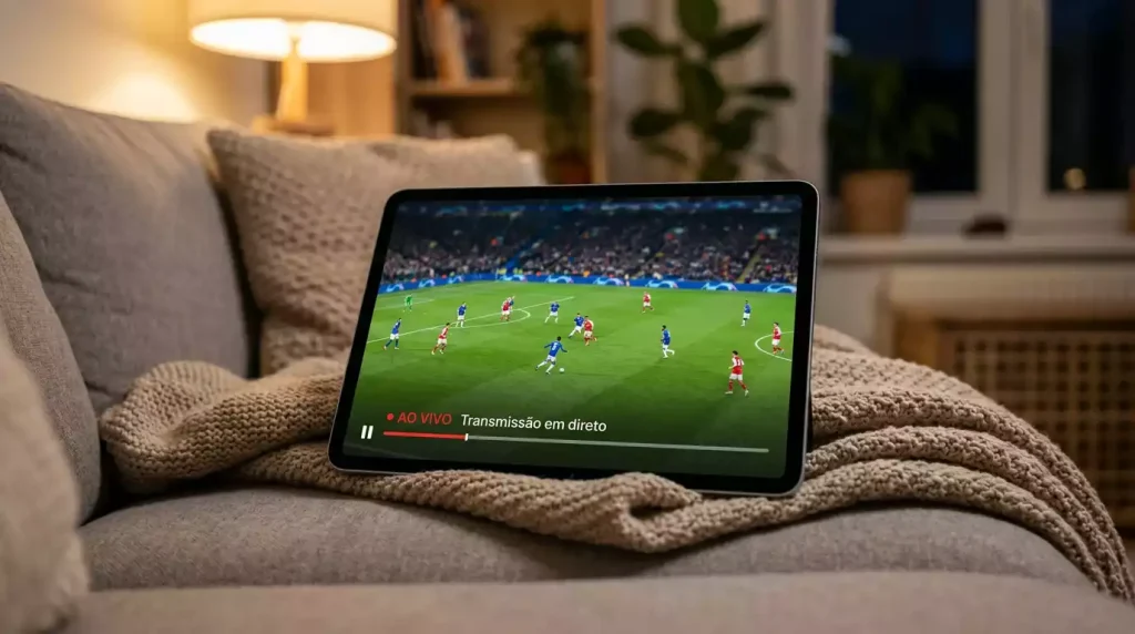 Tablet mostrando transmissão ao vivo de jogo de futebol