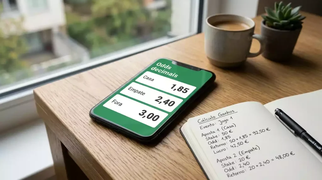 Calculadora e papel com odds decimais para apostas de futebol