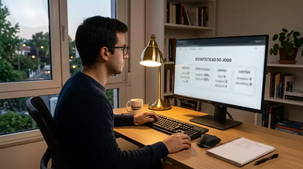 Analista a estudar estatísticas de futebol num computador